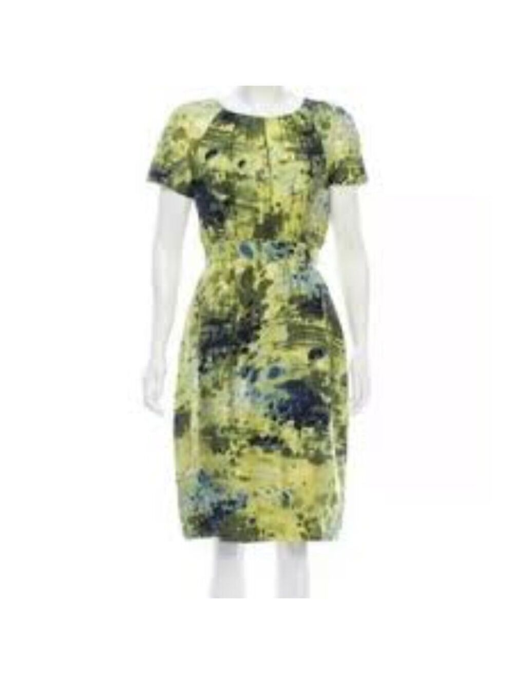 Peter Som Silk Dress Chartreuse Watercolor Print Pockets Pleated  XS - Picture 10 of 10